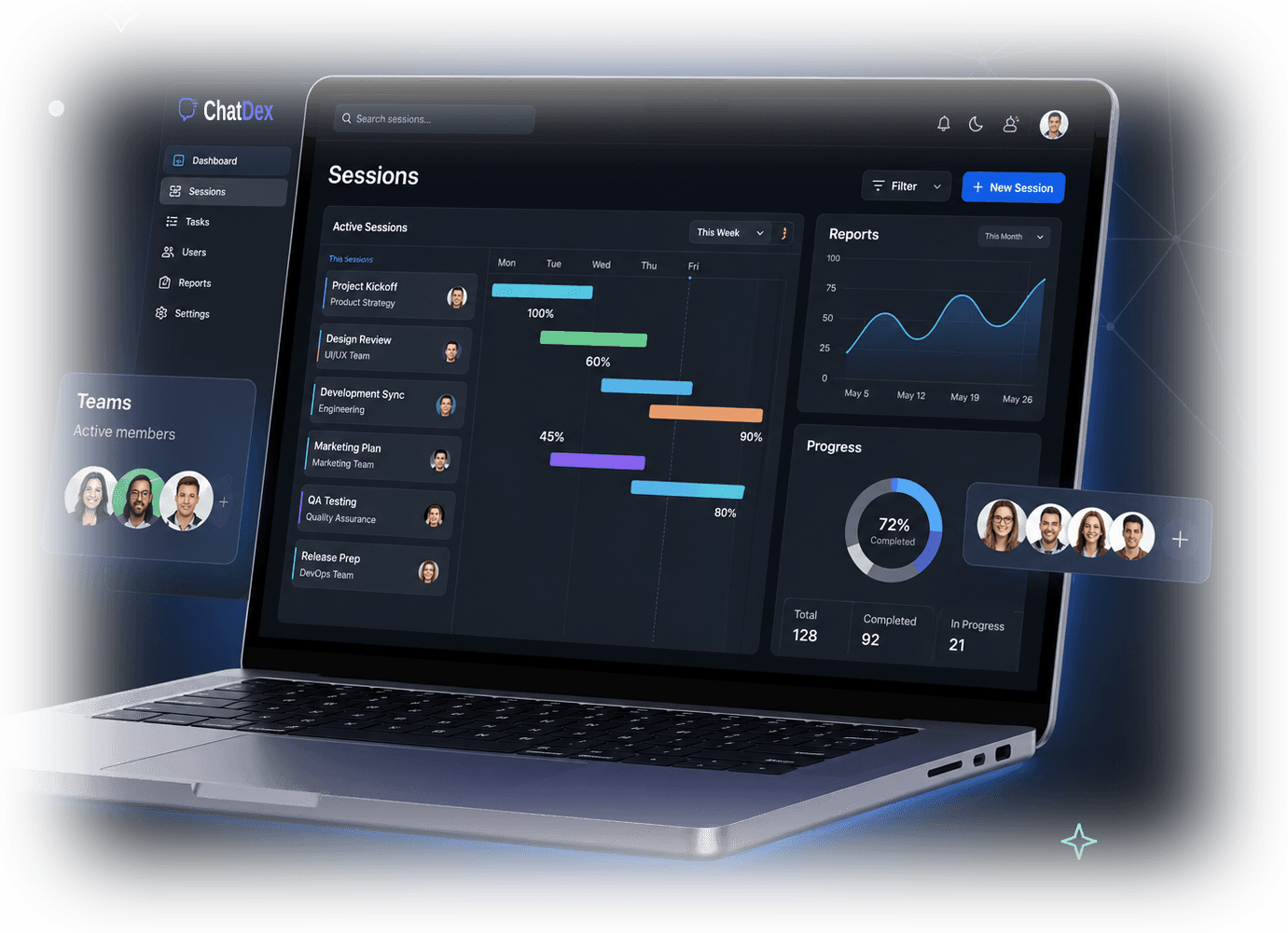 Painel do ChatDex aberto em um notebook, com sessões de atendimento, relatórios e progresso da equipe
